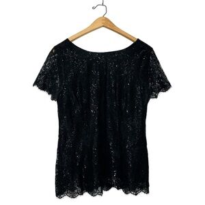 Velvet By‎ Graham & Spencer Semi Sheer Metallic Lace Short Sleeve Top Black M